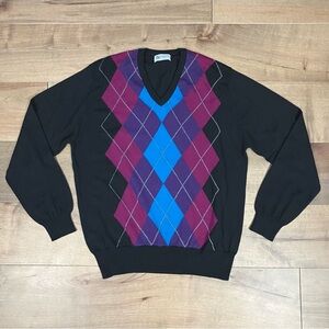 Johnstons Of Elgin Men’s Size M 100% Wool V Neck Sweater Argyle Black Scotland